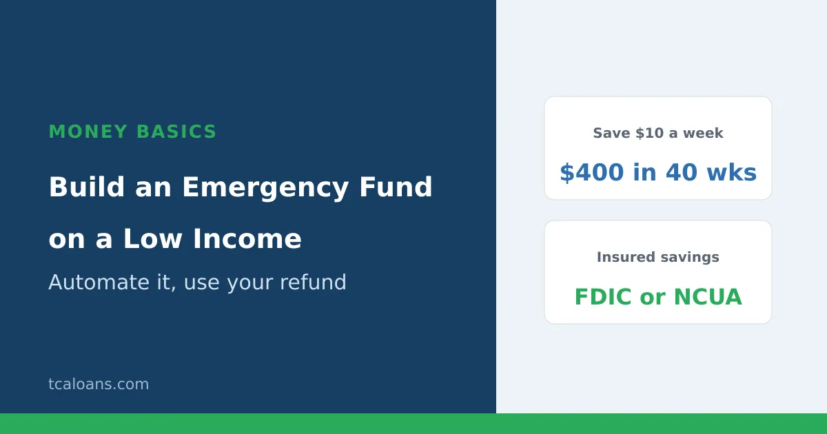 How to build an emergency fund on a low income: set a small goal, save automatically, use part of your tax refund and keep the money in an insured account