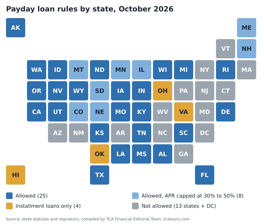 Tile map of US states colored by payday loan status in October 2026: allowed, allowed with APR cap, installment only, not allowed