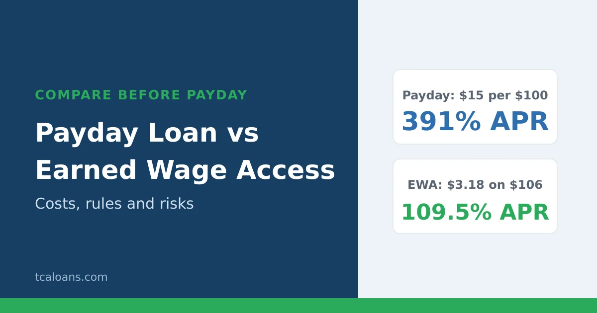 Payday loan vs earned wage access: 391% APR payday example compared with a 109.5% APR EWA example